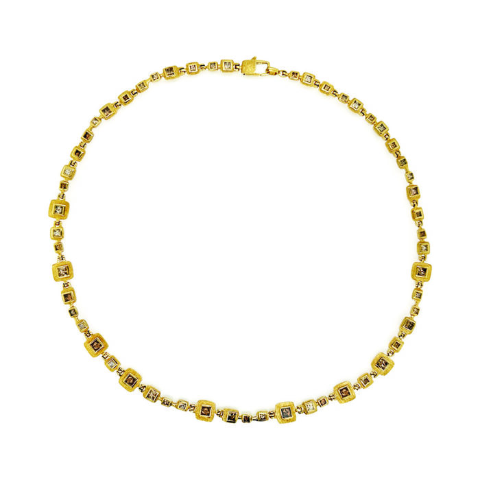 18k yellow "Library Collection" hinged necklace with princess cut brown diamonds. Necklace is 17" long and links are 8x8mm with a square lobster clasp.