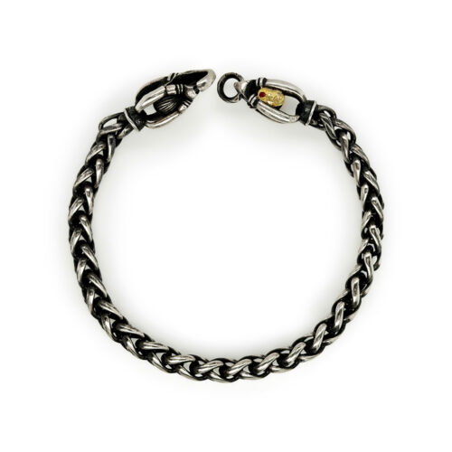 Oxidized sterling silver wheat chain; 6mm and custom made locking links; 18k gold and one ruby on hallmark. Bracelet is 9" long x 1/4" wide.