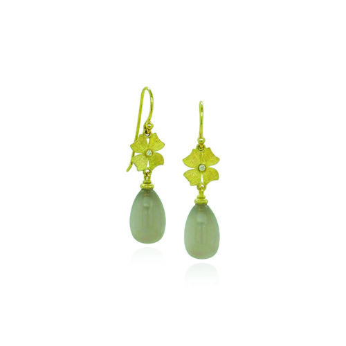 Grey moonstone drop earrings with 18k flower tops and a center diamond, 0.02 cttw. Earrings are 8 x 12mm ( 1 3/8" long x 5/16" wide) with French wires.
