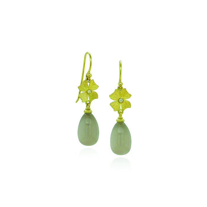 Grey moonstone drop earrings with 18k flower tops and a center diamond, 0.02 cttw. Earrings are 8 x 12mm ( 1 3/8" long x 5/16" wide) with French wires.