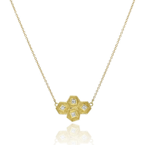 18K yellow gold "beehive" pendant with diamonds, 0.06 cttw, on a 14K yellow gold cable chain, 1.1mm in diameter, 16" long with a lobster clasp. Pendant is 11/16" wide x 1/2" long.