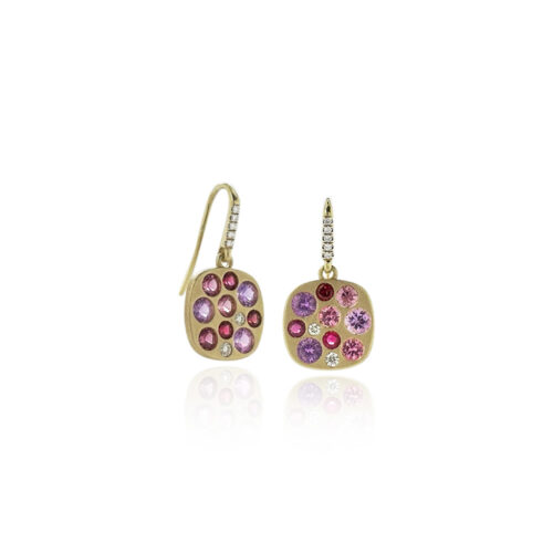 "Giselle" earrings with multi-color pink sapphires and spinels, 2.41cttw., set in 18k yellow gold with diamond pavé-set French wires, .17cttw.