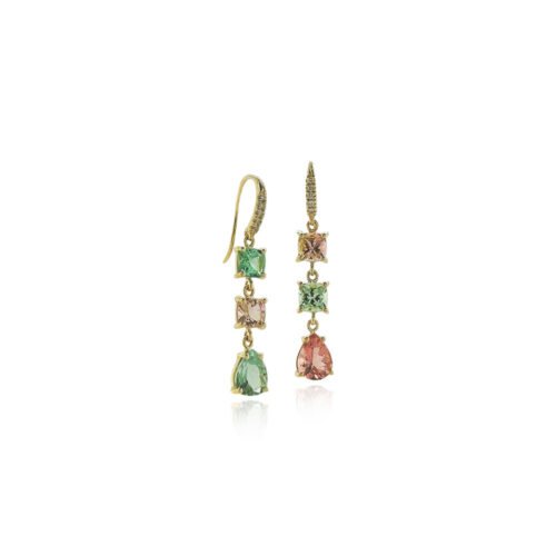 "Joyce" earrings with mixed-shape green and pink tourmalines, 4.25cttw., set in 18k yellow gold with pavé-set diamond French wires, 0.07cttw..
