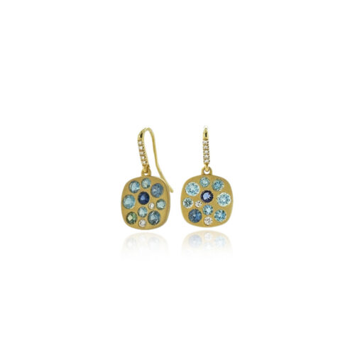 "Giselle" earrings in 18k yellow gold with spinels, .48cttw., sapphires, 1.02cttw., and aquamarines, .72cttw., with pavé-set diamond French wires, 0.07cttw.