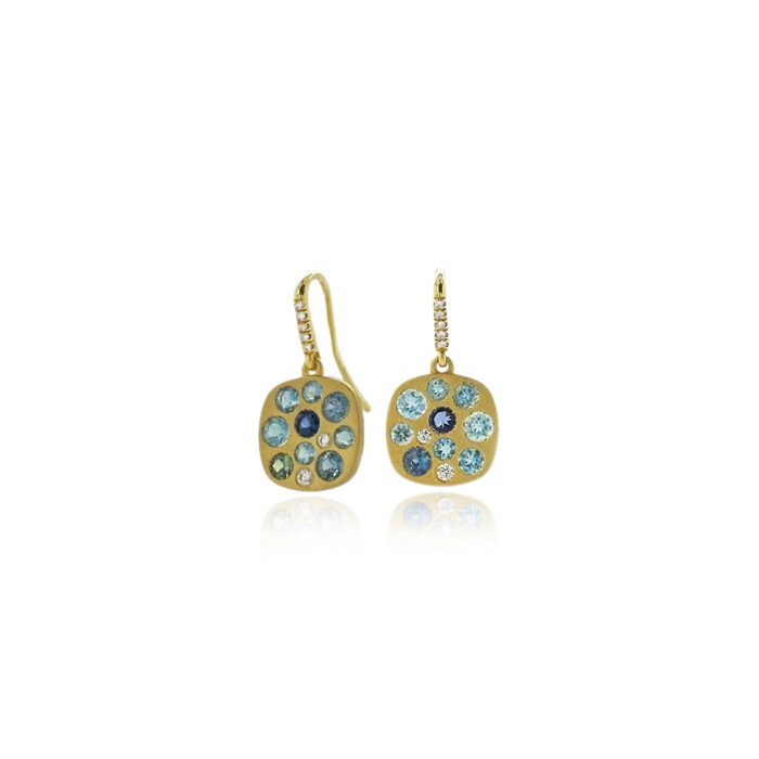 "Giselle" earrings in 18k yellow gold with spinels, .48cttw., sapphires, 1.02cttw., and aquamarines, .72cttw., with pavé-set diamond French wires, 0.07cttw.