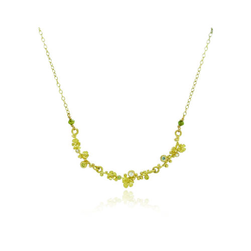 Hand-formed 18k yellow gold "Bar" flower necklace with articulated sections, colored and faceted diamonds, 0.18cttw.. Necklace is 19" long with a lobster clasp and bar is 65mm long (2 5/8").
