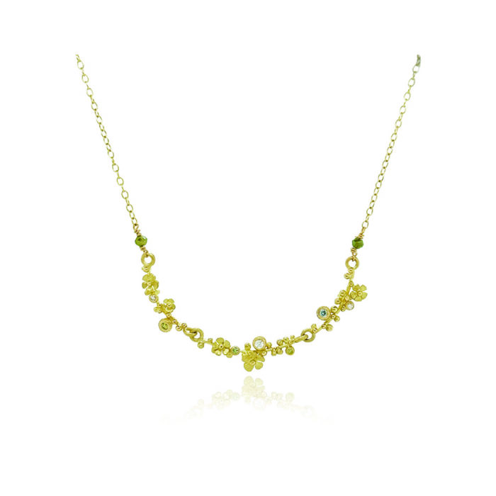 Hand-formed 18k yellow gold "Bar" flower necklace with articulated sections, colored and faceted diamonds, 0.18cttw.. Necklace is 19" long with a lobster clasp and bar is 65mm long (2 5/8").