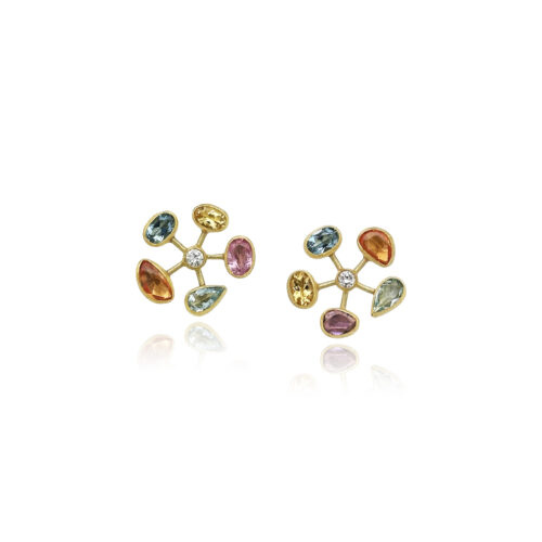 Multi-colored gemstones in a pinwheel pattern surrounding SI diamond, 3mm. Multicolored stones are aquamarine, yellow beryl, and rosecut sapphires, 4.5cttw. Earrings have a 22k gold bezel with 18k connectors, backings and posts.