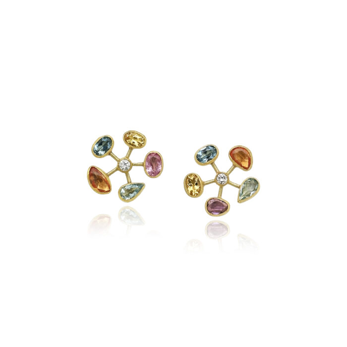 Multi-colored gemstones in a pinwheel pattern surrounding SI diamond, 3mm. Multicolored stones are aquamarine, yellow beryl, and rosecut sapphires, 4.5cttw. Earrings have a 22k gold bezel with 18k connectors, backings and posts.