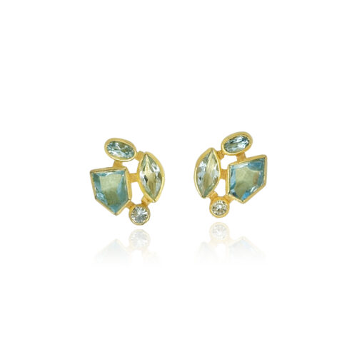 Faceted aquamarine stud-back earrings in mixed cuts and shapes, 4 cttw. Earrings are set in 22k gold bezels with 18k backings and spacers.
