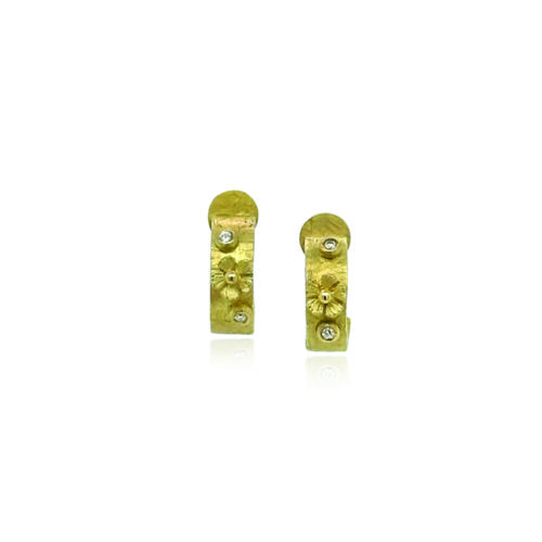 Hand-fabricated, half round hoop earrings in 18k yellow gold with flowers and white diamonds,0.04cttw, and post backs. Earrings are 7/16" in diameter (11mm) and are 4mm wide.