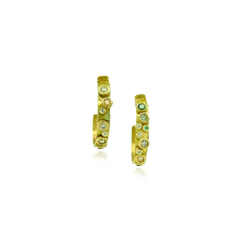 Hand-fabricated, half round hoop earrings in 18k yellow gold with colored diamonds, 0.33 cttw, and post backs. Earrings are 3/4" in diameter (19mm) and are 3mm wide.