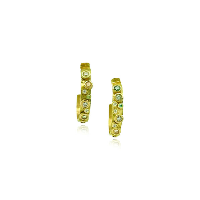 Hand-fabricated, half round hoop earrings in 18k yellow gold with colored diamonds, 0.33 cttw, and post backs. Earrings are 3/4" in diameter (19mm) and are 3mm wide.