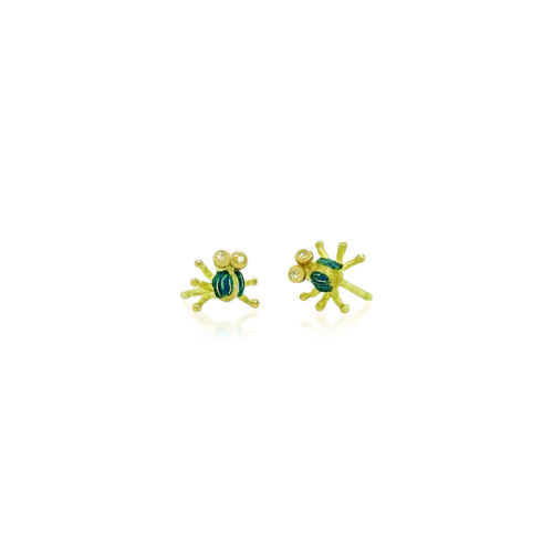 Tiny lady bug earrings, hand-fabricated in 18k yellow gold, white diamonds, 0.04cttw, cold blue enamel and post backs. Earrings are 5/16" in diameter (8mm).