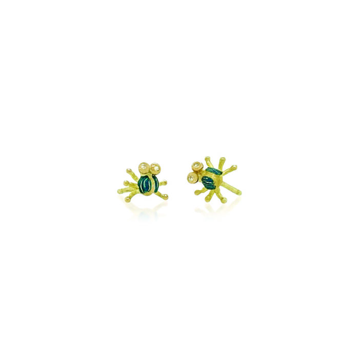 Tiny lady bug earrings, hand-fabricated in 18k yellow gold, white diamonds, 0.04cttw, cold blue enamel and post backs. Earrings are 5/16" in diameter (8mm).