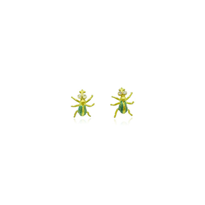 "Garden Bird Bug" earrings in 18k yellow gold, hand-fabricated with cold green enamel, white diamonds, 0.04cttw, and post backs. Earrings are 1/2" x 7/16".