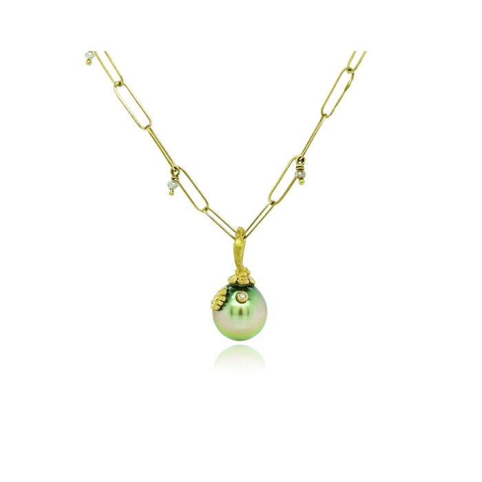 Blue-grey Tahitian pearl pendant with hand-fabricated 18k gold flower bail, oak leaf and white diamond, 0.01ct. Pendant is 7/8"L x 7/16" diameter. ***CHAIN SOLD SEPARATELY***