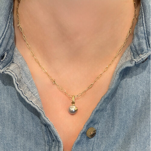 Akoya pearl pendant with hand-fabricated flower and bail and white diamond, 0.01ct. Pendant is 3/4" L x 3/8" diameter. ***CHAIN SOLD SEPARATELY***