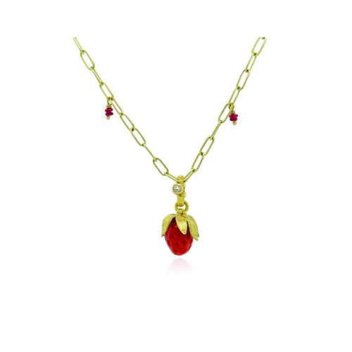 Tiny carved coral strawberry with hand-fabricated strawberry foliage top and white diamond, 0.03ct. Pendant is 13/16" L x 3/8" diameter. ***CHAIN SOLD SEPARATELY***