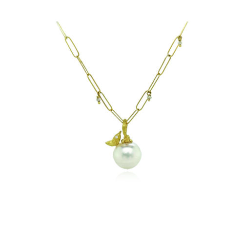 South Seas white pearl pendant in 18k yellow gold with hand-fabricated bird, white diamond, 0.01ct and flower bail. Pendant is 1" L x 1/2" diameter. ***CHAIN SOLD SEPARATELY***