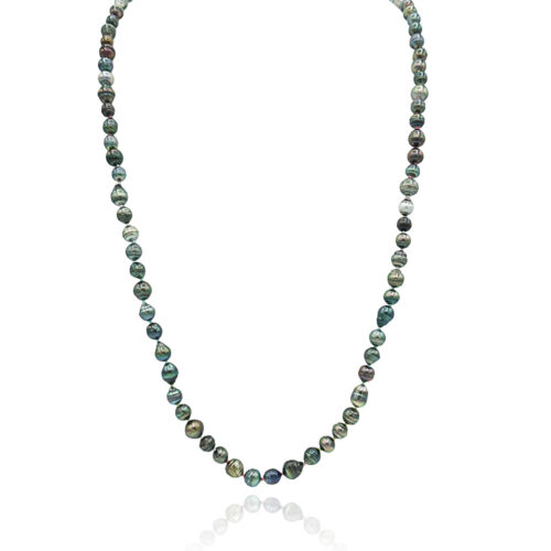 Tahitian Pearl necklace with white diamond briolette on clasp, 0.03 cttw. Necklace is 39" long with an 18k yellow gold lobster clasp.