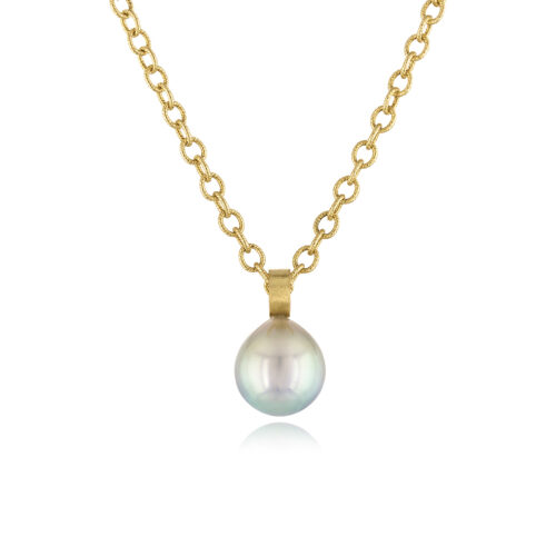 South Seas light green keshi pearl pendant with a handmade 22k bail on a 16" 14k yellow gold bead chain. Pendant is 10.7 x 16.3mm.
