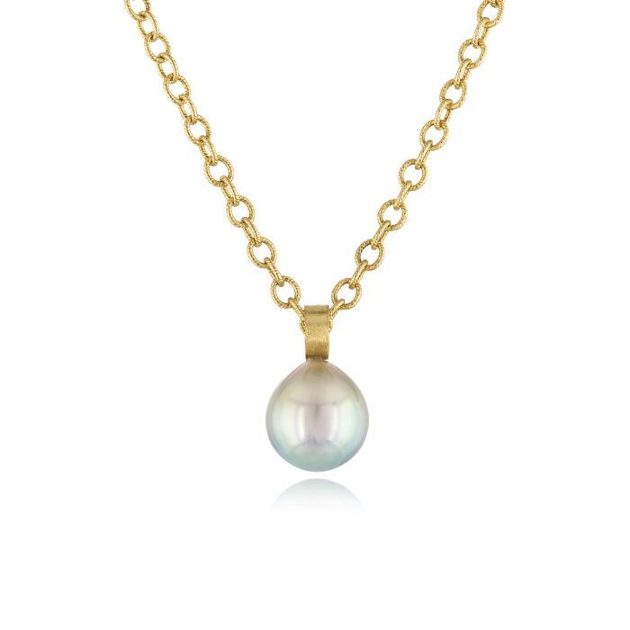 South Seas light green keshi pearl pendant with a handmade 22k bail on a 16" 14k yellow gold bead chain. Pendant is 10.7 x 16.3mm.