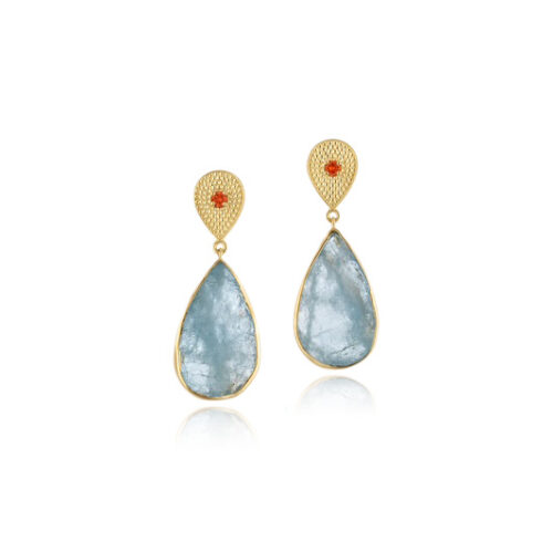 18k yellow gold LaPlage pear shaped, post-back top with enhanced orange diamonds and natural surface aquamarine tear drop dangles. Drops are 20x13mm long. Total length of earrings is 1 5/16" (35mm).