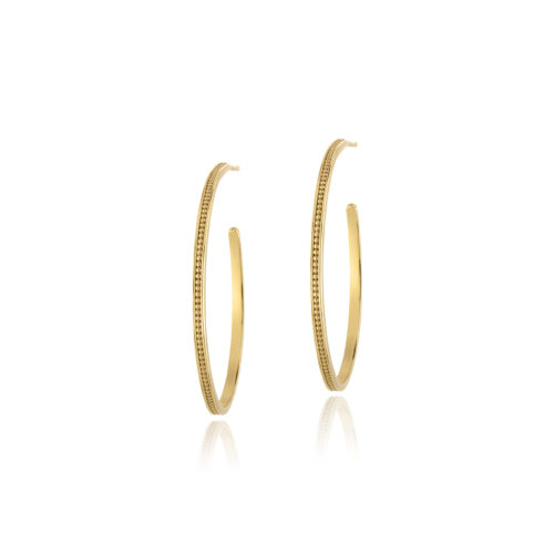 18k yellow gold LaPlage Large beaded hoops earrings with post-backs. Outside diameter of earrings are 32mm.