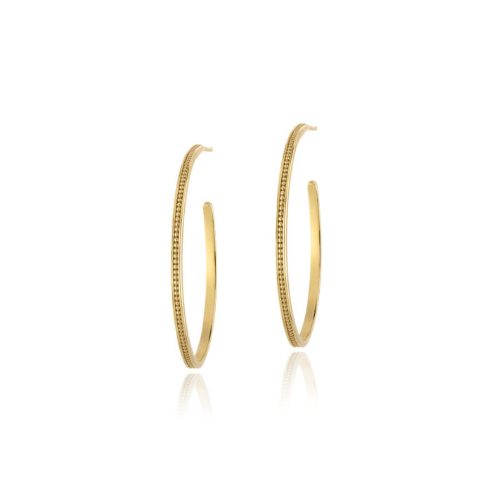 18k yellow gold LaPlage Large beaded hoops earrings with post-backs. Outside diameter of earrings are 32mm.