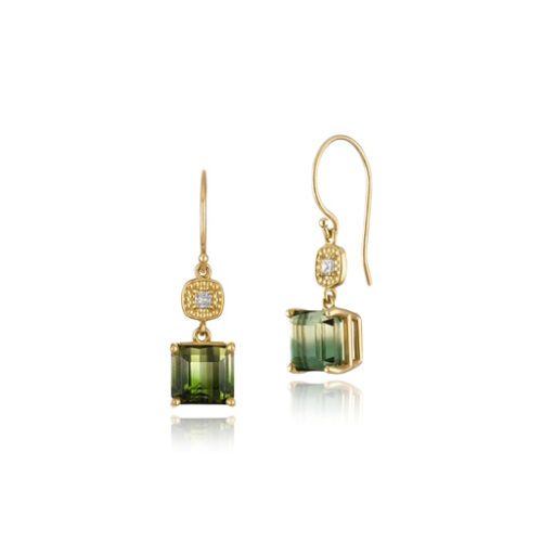18k yellow gold LaPlage earrings with cushion-shaped tops on French wires and champagne diamonds surrounded by beadwork, 0.04cttw with multi-color blue/green/yellow faceted tourmaline drops. Earrings are 1 1/16" long (27mm).