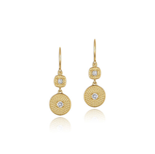 LaPlage mixed disc beaded earrings with white diamonds, 0.06cttw with a cushion shaped top and round disc dangle on French wires. Total length of earring is 27 X 2.5mm wide.