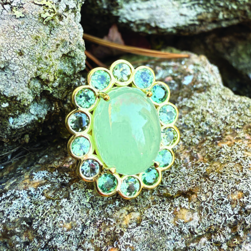Blossom ring with Aqua and tourmaline surround