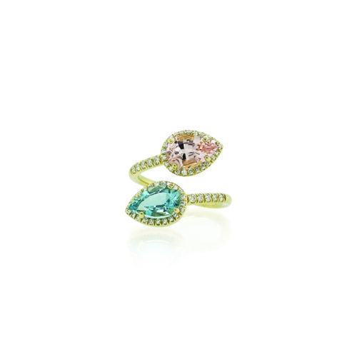 Diya ring with aquamarine, morgnanite and diamonds