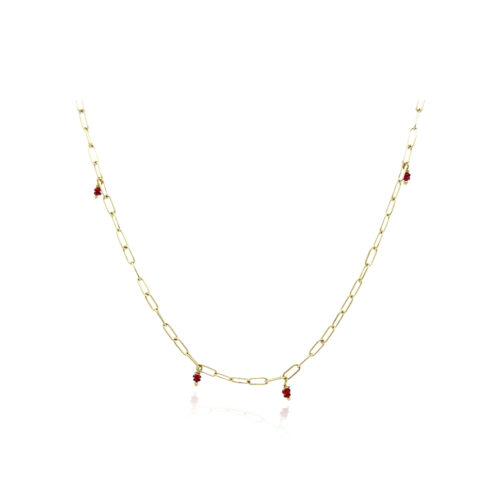 18k yellow gold min "Latte Stick" link necklace, hand-fabricated with lobster clasp and tiny ruby beads. Necklace is 18.75" long.