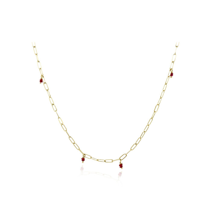 18k yellow gold min "Latte Stick" link necklace, hand-fabricated with lobster clasp and tiny ruby beads. Necklace is 18.75" long.