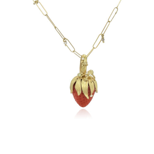 Large cultured carved coral "Strawberry" pendant with hand-fabricated 18k yellow gold foliage top, garden bird bug, flowers and bail with white diamonds, 0.05cttw and green diamonds, 0.03cttw. Pendant is 1 7/8" long and 3/4" in diameter (48 x 19mm). ***CHAIN SOLD SEPARATELY***