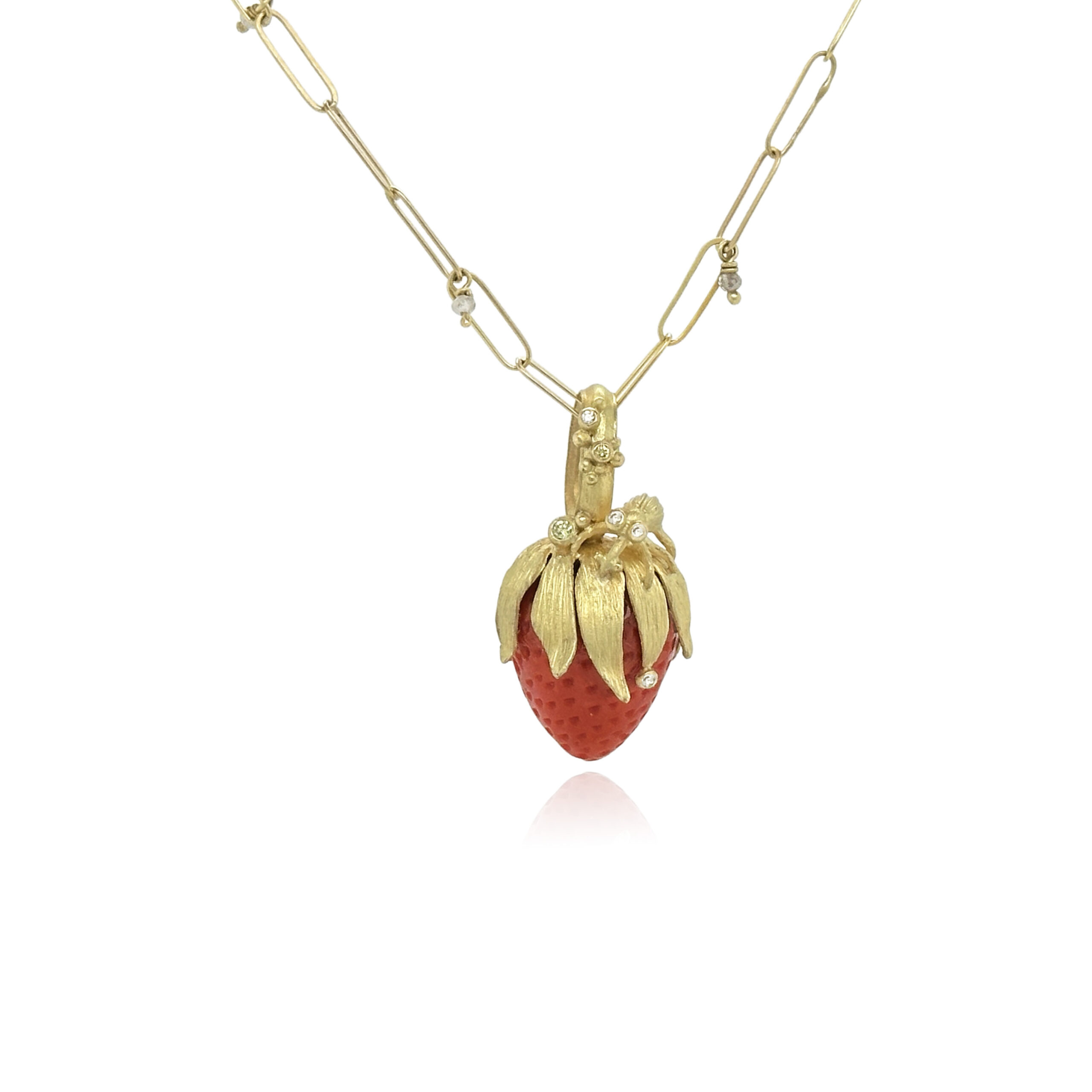 Large cultured carved coral "Strawberry" pendant with hand-fabricated 18k yellow gold foliage top, garden bird bug, flowers and bail with white diamonds, 0.05cttw and green diamonds, 0.03cttw. Pendant is 1 7/8" long and 3/4" in diameter (48 x 19mm). ***CHAIN SOLD SEPARATELY***