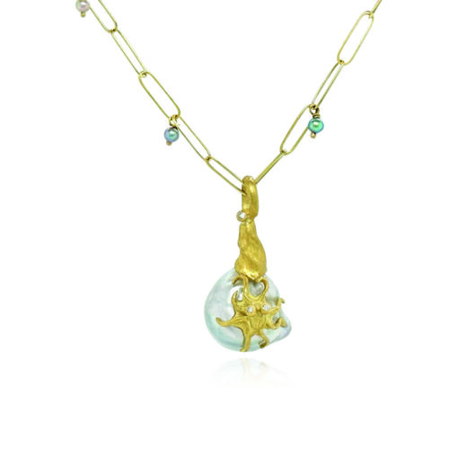 Baroque grey Tahitian pearl pendant with a hand-fabricated 18k yellow gold octopus and unicorn bail with white diamonds, 0.03cttw. Pendant is 1 1/4" long and 5/8" in diameter. ***CHAIN SOLD SEPARATELY***