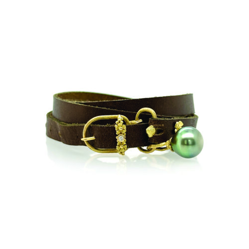 wrap bracelet with Tahitian pearl, gold buckle and floral components