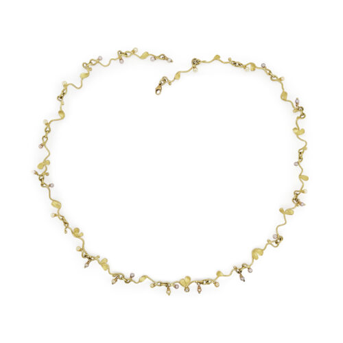 Segmented "vine" necklace in 18k yellow gold, hand-fabricated, with small Akoya pearls and a lobster clasp. Necklace is 19" long.