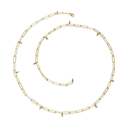 18k gold popsicle stick necklace with hanging diamond beads and a lobster clasp. Necklace is 22.5" long.