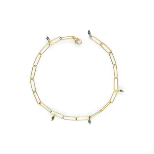18k yellow gold "Popsicle Stick" link bracelet, hand-fabricated, with blue sapphire beads and a lobster clasp. Bracelet is 7.5" long.