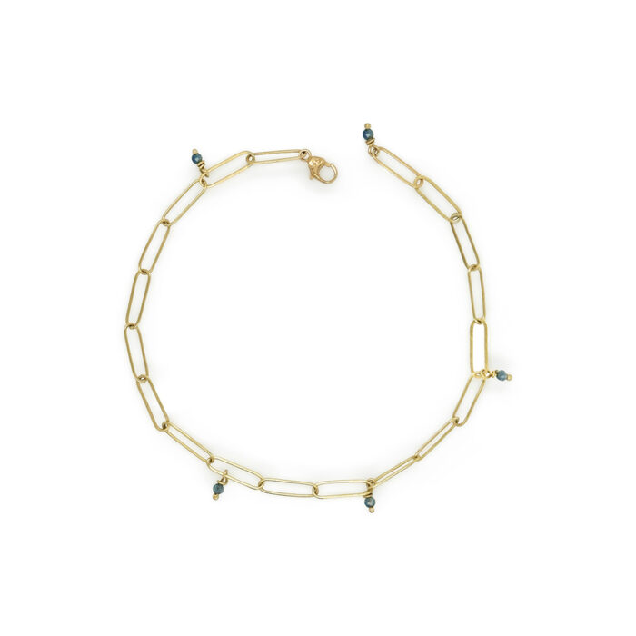 18k yellow gold "Popsicle Stick" link bracelet, hand-fabricated, with blue sapphire beads and a lobster clasp. Bracelet is 7.5" long.