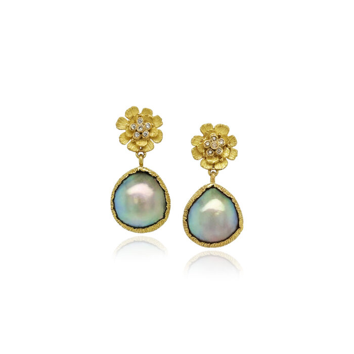 Sea of Cortez mabe pearl earrings set in 18k yellow gold drops with hand-fabricated flower post-back tops with white diamonds, 0.12cttw. Earrings are 1 1/4" L x 9/16" W (32 x 14mm).