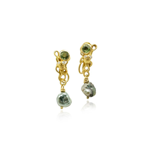 Hand-fabricated octopus earrings in 18k yellow gold with light green sapphires (4mm), white diamonds (0.04cttw), and grey Tahitian keshi pearl dangles. Earrings are post-backs and are 1 1/8" long x 5/16" diameter (28x8mm).