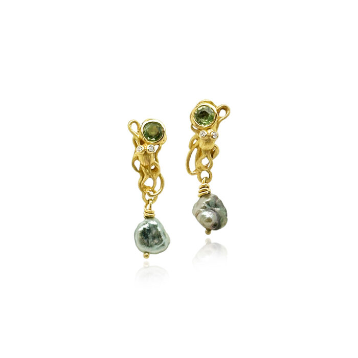 Hand-fabricated octopus earrings in 18k yellow gold with light green sapphires (4mm), white diamonds (0.04cttw), and grey Tahitian keshi pearl dangles. Earrings are post-backs and are 1 1/8" long x 5/16" diameter (28x8mm).