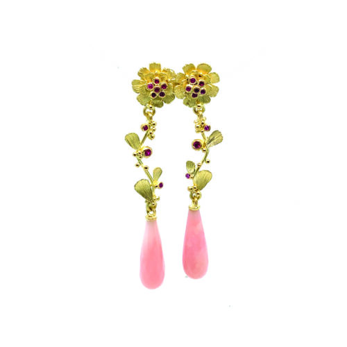 flower earrings with Rubies and pink opal drops