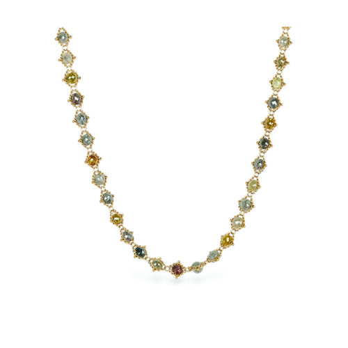 Woven necklace of natural multi-colored diamonds, approximately 24 cttw. Beads are 4mm and chain is adjustable (16"-18") with a lobster clasp.
