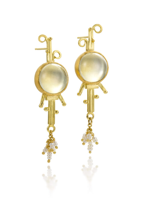 "Moonstruck"earrings in 22k and 18k yellow gold with round cabochon moonstones and antique seed pearls tassels on posts with Omega clips. Earrings are 1 3/4" long x 3/8" wide (37 x 10mm).